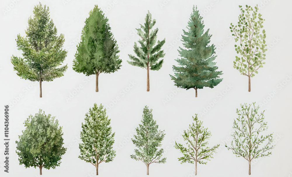 Watercolor collection of various tree species illustrations Watercolor collection of various tree species illustrations
