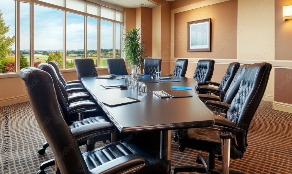 A conference room with a large black leather chair at the head of the table A conference room with a large black leather chair at the head of the table