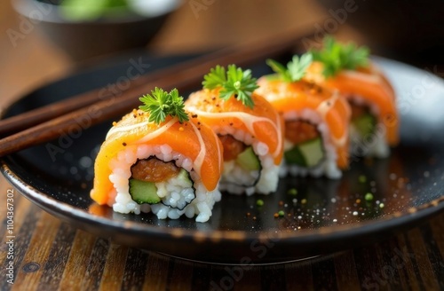 Sushi rolls made with fresh ingredients are displayed on a black plate alongside chopsticks, capturing a vibrant dining atmosphere. Generative AI