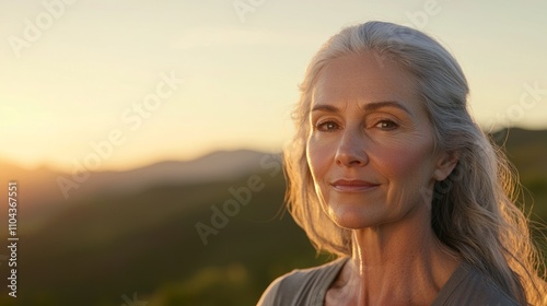 Embracing Youthfulness: Middle-Aged Woman Radiating Vitality in Sunrise Yoga Practice Outdoors photo