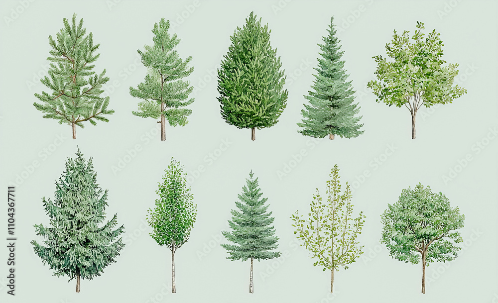 Collection of various tree species illustrations on light green background Collection of various tree species illustrations on light green background