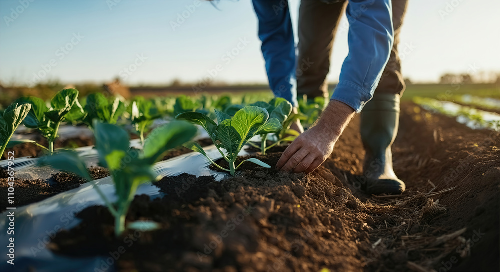 In a sunny field, a farmer examines the soil and tends to young plants, demonstrating sustainable agricultural practices. In a sunny field, a farmer examines the soil and tends to young plants, demonstrating sustainable agricultural practices.