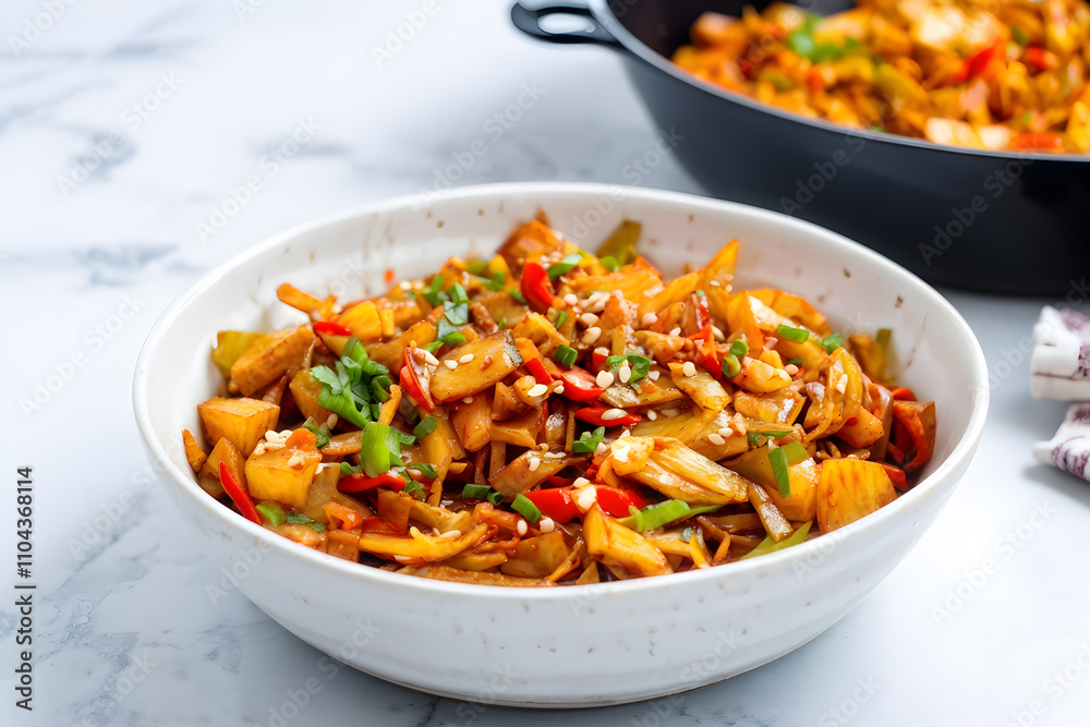 Spicy Sichuan cabbage stir-fry served in a deep ceramic bowl, softly blurred white countertop Spicy Sichuan cabbage stir-fry served in a deep ceramic bowl, softly blurred white countertop
