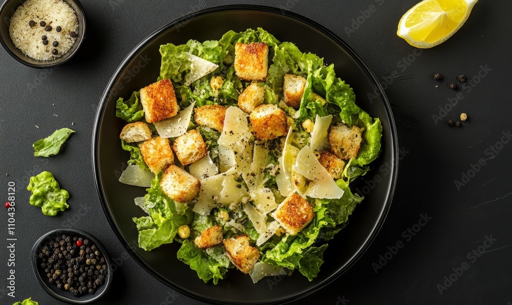 A fresh Caesar salad with crisp romaine lettuce, crunchy croutons, grated Parmesan cheese, and creamy Caesar dressing, garnished with lemon wedges and black pepper A fresh Caesar salad with crisp romaine lettuce, crunchy croutons, grated Parmesan cheese, and creamy Caesar dressing, garnished with lemon wedges and black pepper