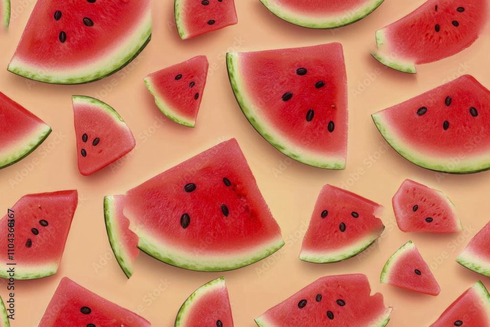 Colorful arrangement of fresh watermelon slices on a peach background