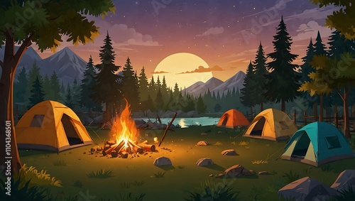 Cartoon camping scene with tents, campfire, and trees for kids.