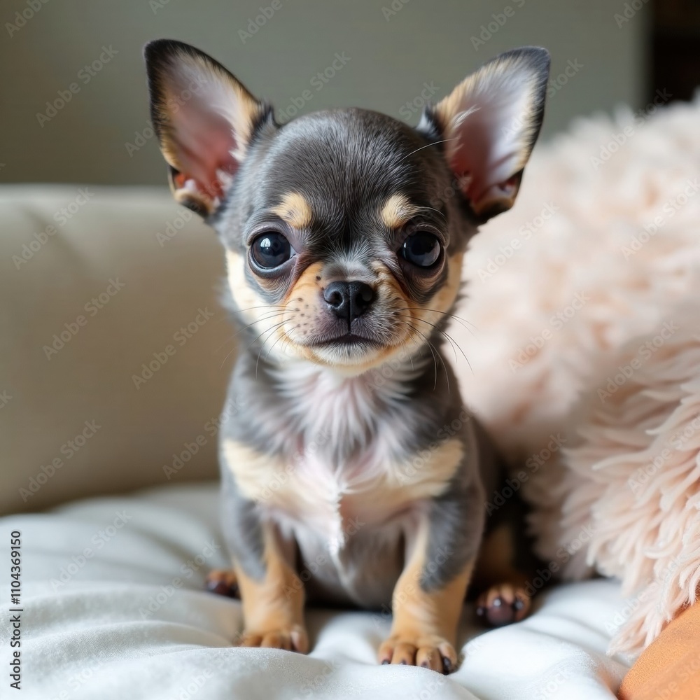 A small gray and tan chihuahua sits on a soft cushion, displaying its shiny fur and playful expression in a bright indoor setting. Generative AI A small gray and tan chihuahua sits on a soft cushion, displaying its shiny fur and playful expression in a bright indoor setting. Generative AI
