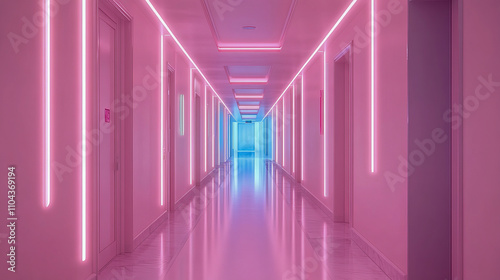 Futuristic neon-lit corridor with vibrant pink and blue lighting