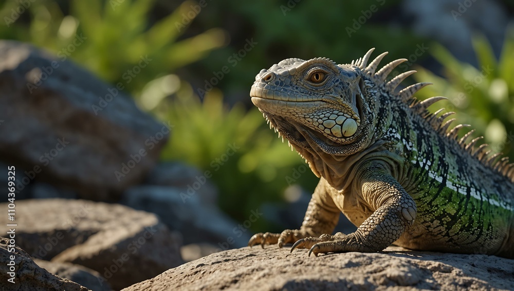 Fototapeta premium Cartoon iguana basking on a rock.