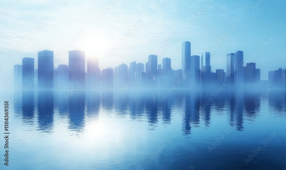 A city skyline is reflected in the water A city skyline is reflected in the water