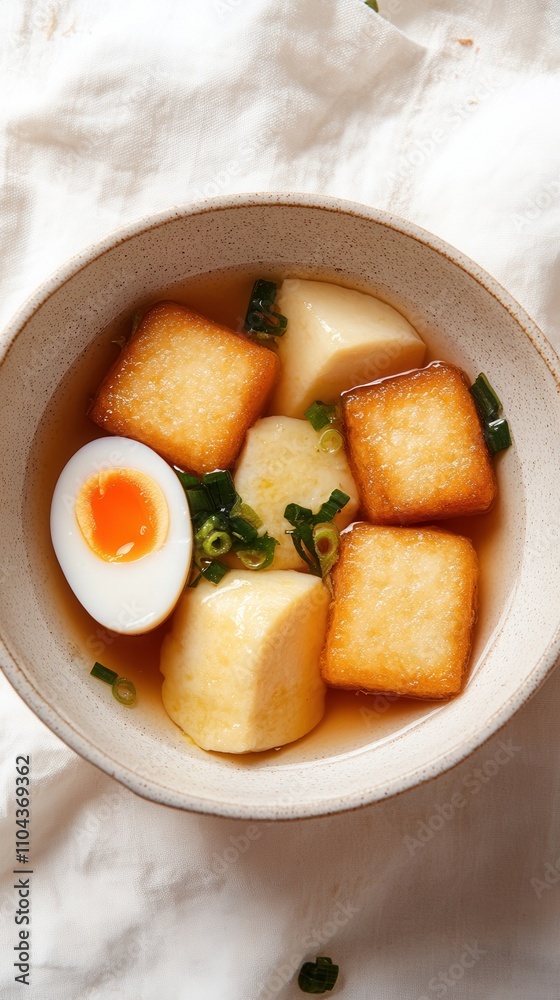 豆腐と卵をスープに入れたおいしいアジア料理 - 白い背景の航空写真