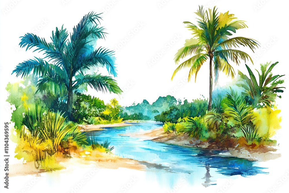 watercolor island river and palm vignette on white background watercolor island river and palm vignette on white background