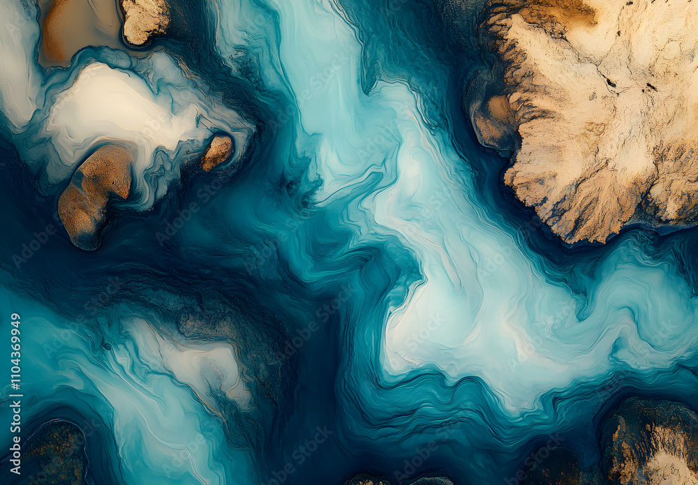 Fototapeta premium An aerial view of water flowing through an abstract river, top down view, birds eye view, turquoise and blue colors, native art style painting