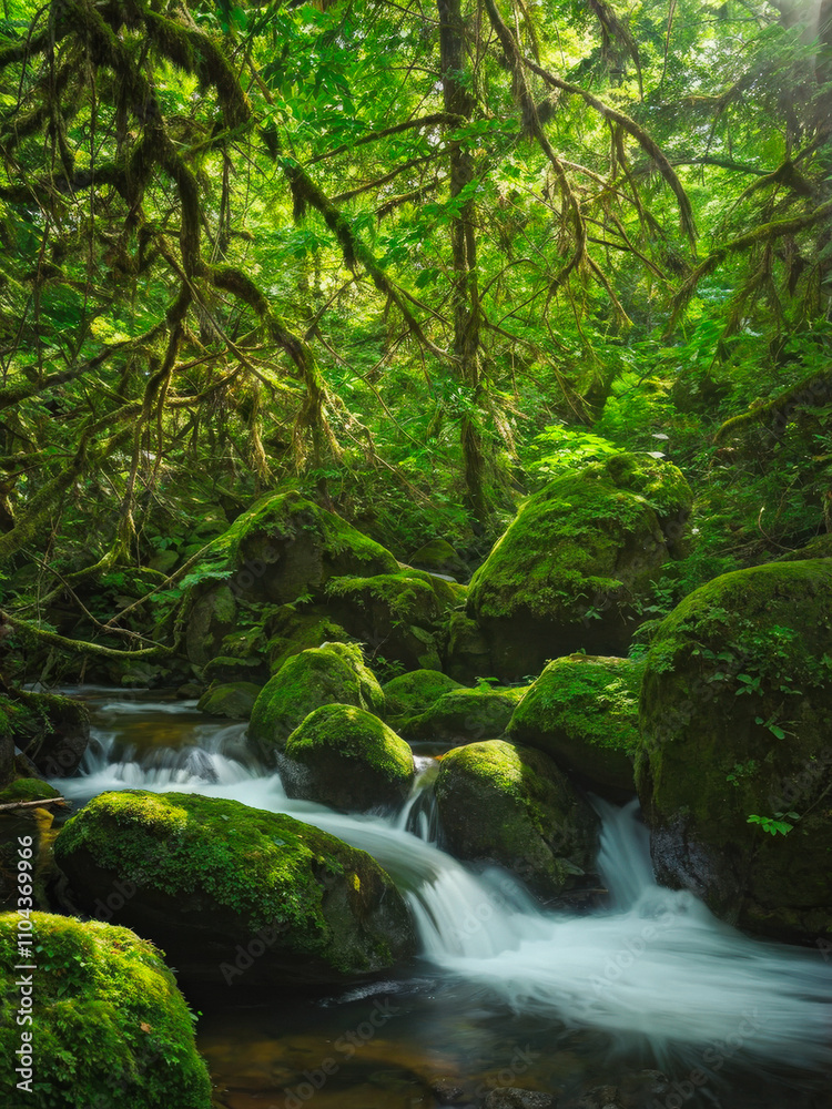 A peaceful forest stream flows through moss-covered rocks, surrounded by dense foliage. Soft sunlight filters through, creating a serene natural setting. Generative AI A peaceful forest stream flows through moss-covered rocks, surrounded by dense foliage. Soft sunlight filters through, creating a serene natural setting. Generative AI
