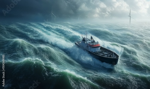 A hydro powered ship sailing through turbulent seas, representing the blend of renewable energy and nature photo