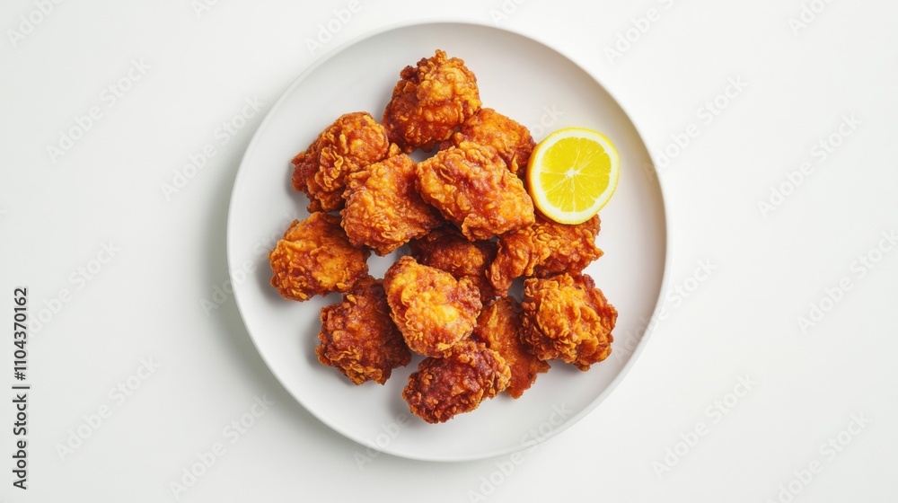 きれいな白い背景に、サクサクのフライドチキンとレモンスライスを添えた、料理のインスピレーションにぴったりのアイテムです。 きれいな白い背景に、サクサクのフライドチキンとレモンスライスを添えた、料理のインスピレーションにぴったりのアイテムです。
