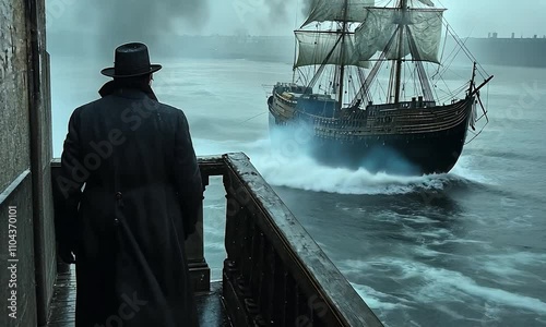 A mysterious figure gazes at a stormy sea with a ship in the distance, evoking intrigue and adventure.