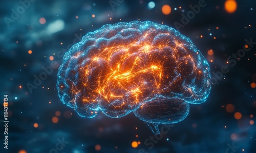 A close up of a brain with a mesh of orange and blue lights