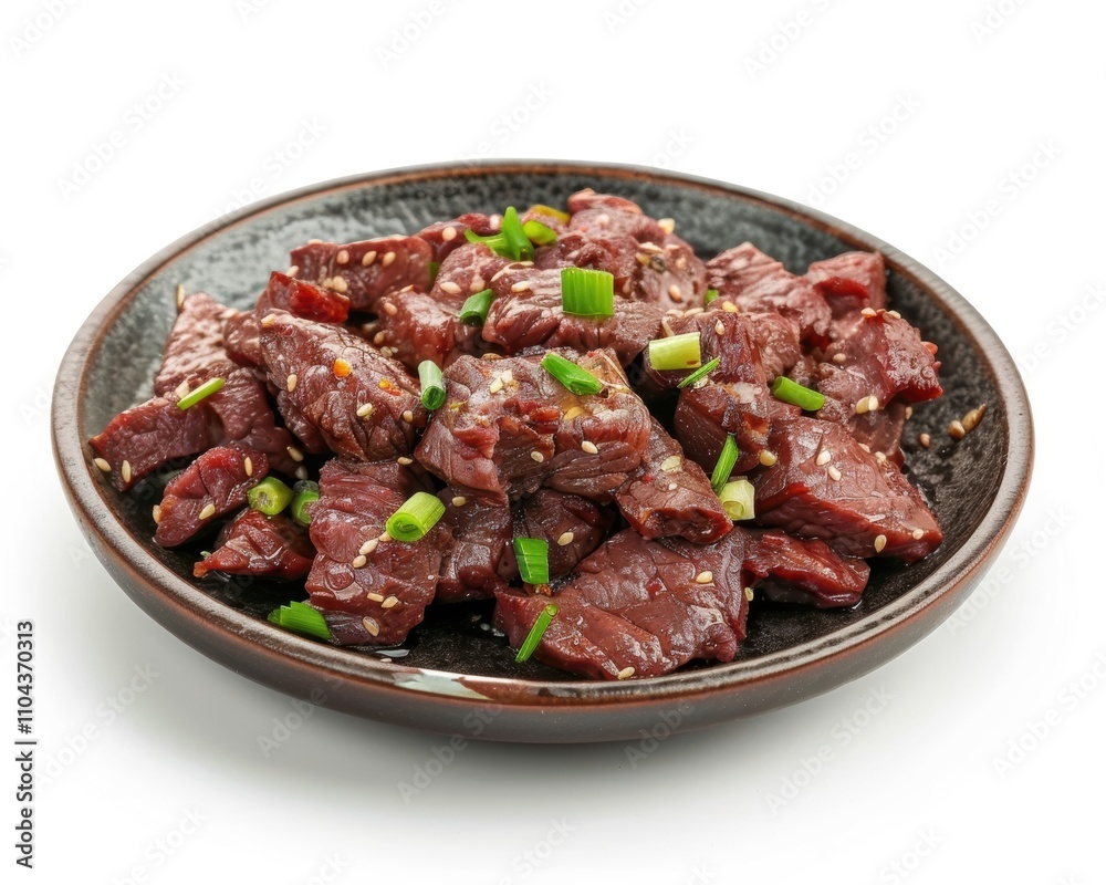 A delicious plate of marinated beef pieces garnished with green onions and sesame seeds. A delicious plate of marinated beef pieces garnished with green onions and sesame seeds.