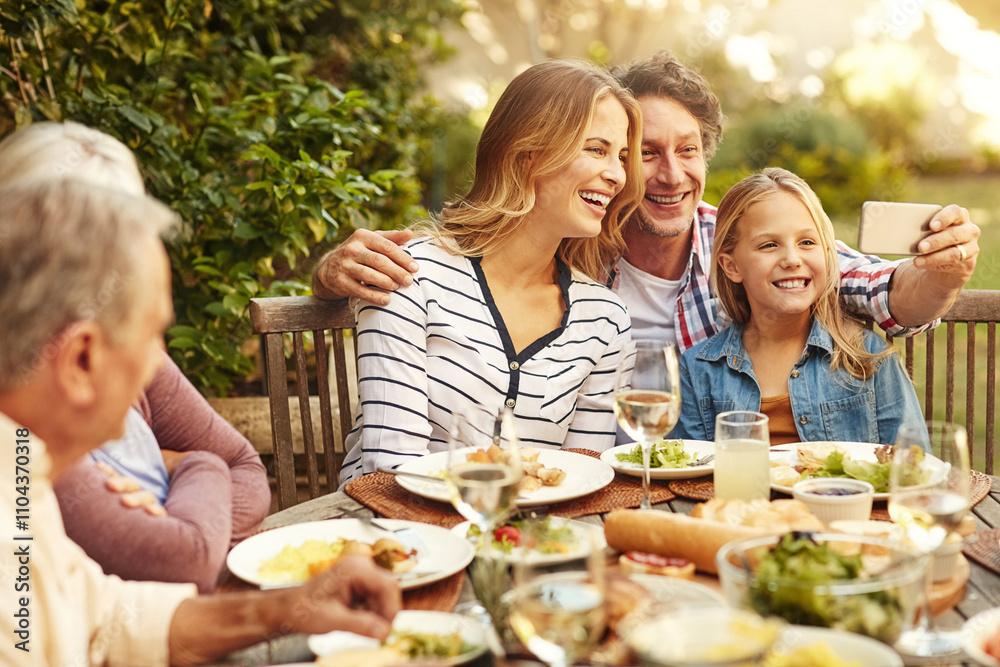 Lunch, garden and selfie of parents with child for holiday, vacation and festive season. Christmas, Thanksgiving and family with kid take picture for memory at celebration, dinner party and meal Lunch, garden and selfie of parents with child for holiday, vacation and festive season. Christmas, Thanksgiving and family with kid take picture for memory at celebration, dinner party and meal