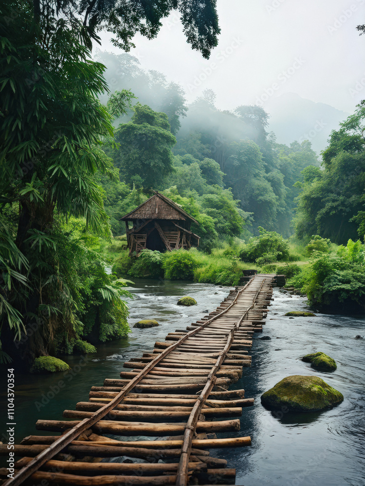 Rustic, slightly broken wooden bridge spanning a calm river, surrounded by lush greenery in a serene natural setting. Generative AI Rustic, slightly broken wooden bridge spanning a calm river, surrounded by lush greenery in a serene natural setting. Generative AI