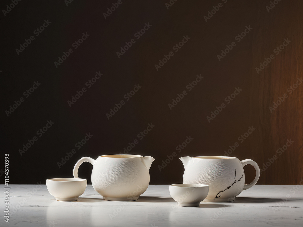A minimalist tea set with visible cracks on porcelain surfaces, surrounded by soft, warm light that emphasizes its delicate design. Generative AI A minimalist tea set with visible cracks on porcelain surfaces, surrounded by soft, warm light that emphasizes its delicate design. Generative AI