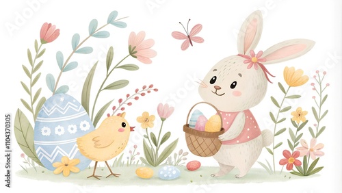 Happy Easter! Vector illustrations of watercolor cute bunny, chick, flowers, plants and greeting frame. Pictures for poster, invitation, postcard or background 