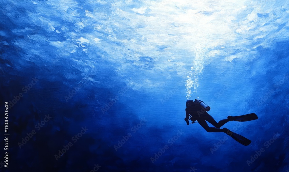 A lone scuba diver swims beneath the surface of a tranquil, deep blue ocean, creating a sense of adventure and serenity A lone scuba diver swims beneath the surface of a tranquil, deep blue ocean, creating a sense of adventure and serenity