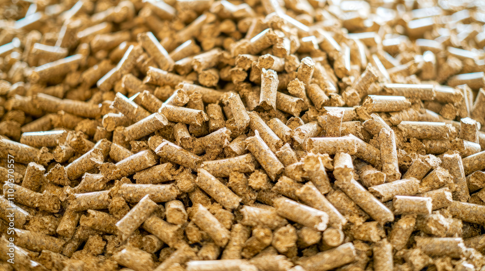 Close-up of natural wood pellets for sustainable renewable energy resource