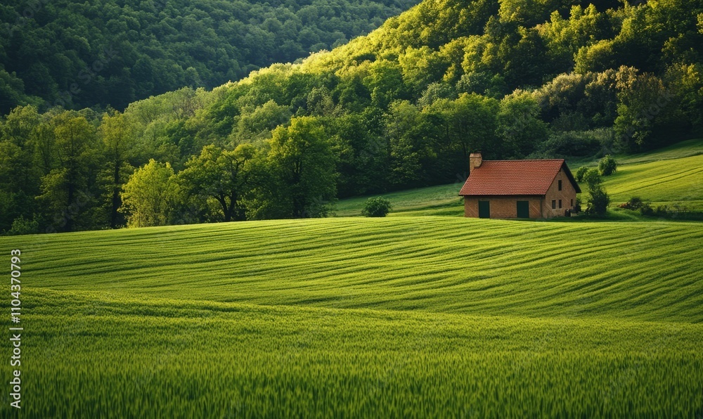 A lush green field with a small house in the middle A lush green field with a small house in the middle