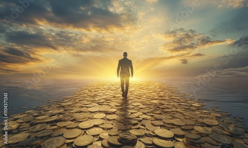 A man in a suit walks along a path made of gold coins towards a glowing horizon, symbolizing the journey to financial success and prosperity