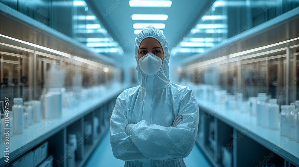 Female scientist in protective gear in modern laboratory environment Female scientist in protective gear in modern laboratory environment