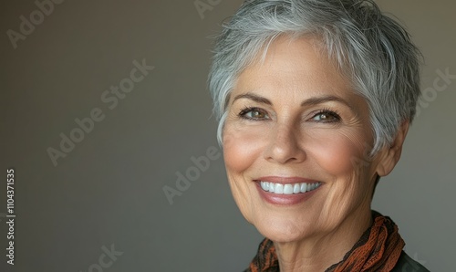 A confident older woman with short gray hair smiles warmly at the camera, her face radiant with natural beauty and wisdom