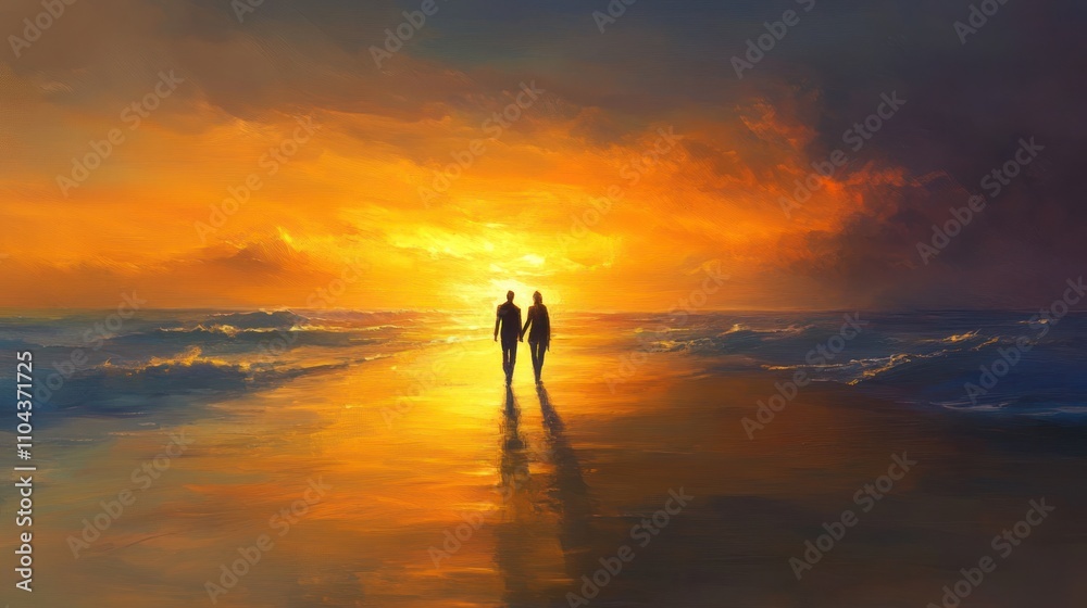 Sunset Stroll: A Couple's Silhouette at Golden Hour Beach Sunset Stroll: A Couple's Silhouette at Golden Hour Beach