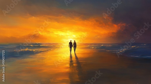 Sunset Stroll: A Couple's Silhouette at Golden Hour Beach