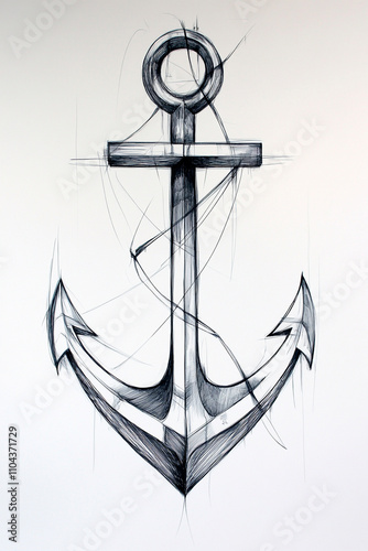 A hand-drawn sketch of a traditional nautical anchor with thick, bold outlines, coiled with a rugged rope, adorned with simple details like a small heart and star at the base photo