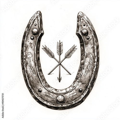 
A rustic sketch of a weathered horseshoe with detailed engravings, crossed by two arrows. The design incorporates subtle cowboy-style elements, such as a lasso and a small star motif photo