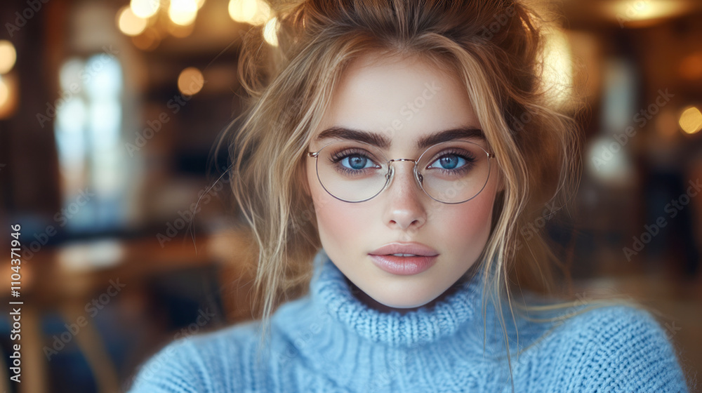 Young caucasian woman with glasses in cozy sweater Young caucasian woman with glasses in cozy sweater