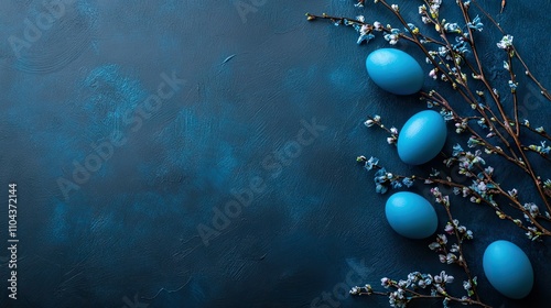 Easter banner with painted eggs and flowers on a dark blue background. Top view with copy space.
