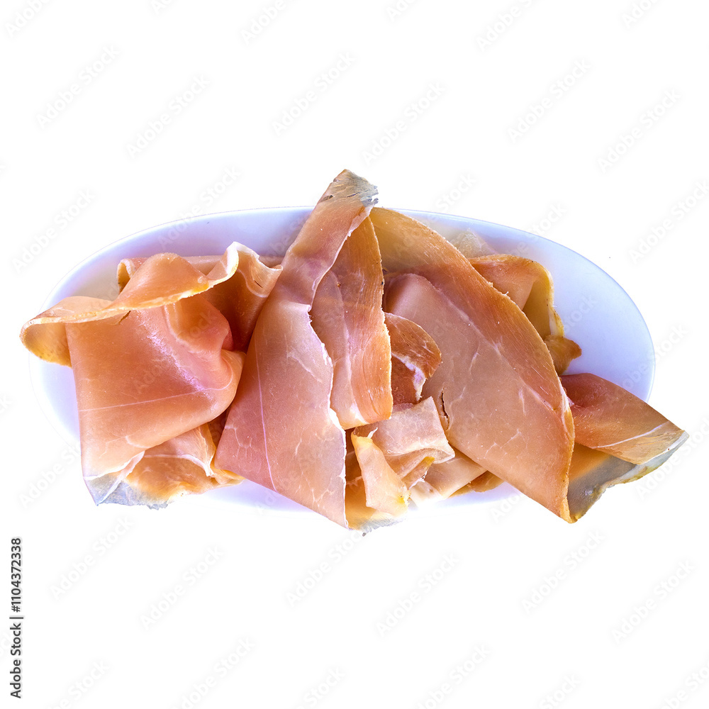 A plate of thinly sliced cured ham, showcasing its delicate texture and color. A plate of thinly sliced cured ham, showcasing its delicate texture and color.