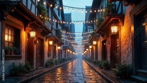  Enchanted Rainy Street with Glowing String Lights
