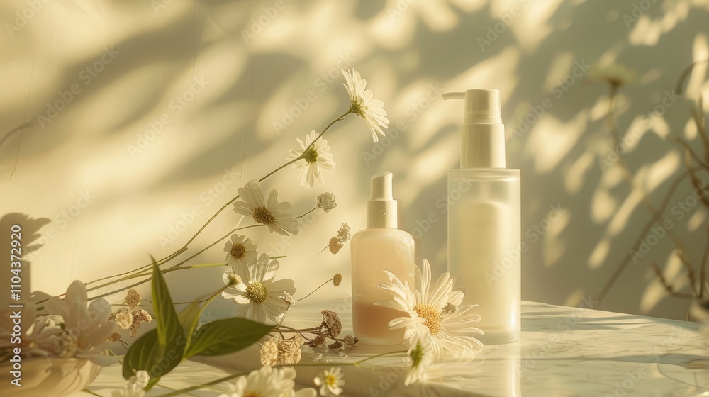 Skincare products elegantly displayed with flowers in soft light
