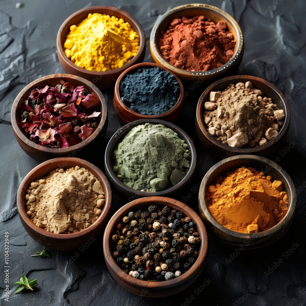 A collection of spices in wooden bowls arranged in a row A collection of spices in wooden bowls arranged in a row