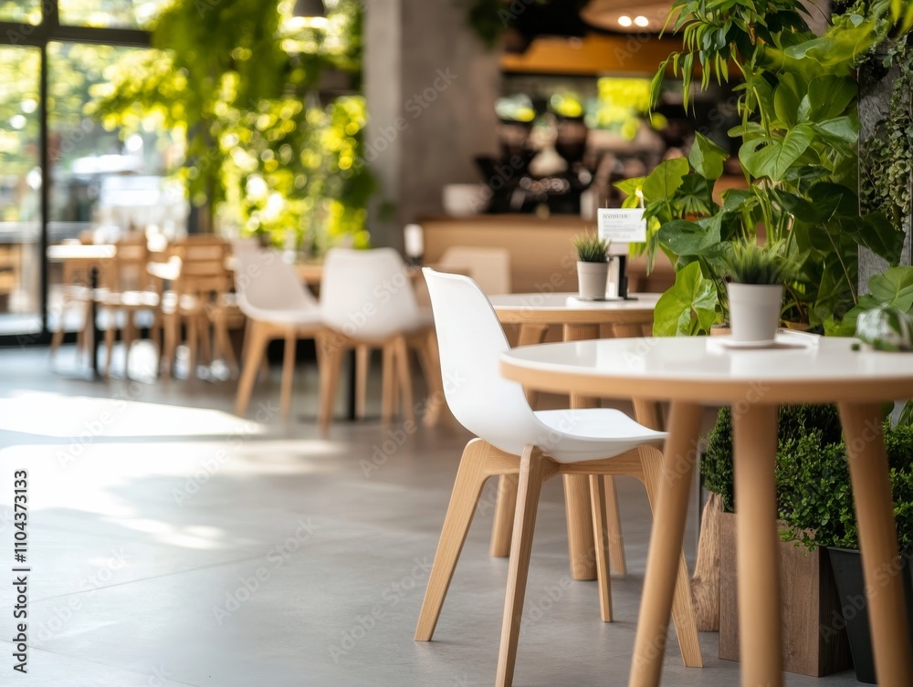 Fototapeta premium The inviting atmosphere of a modern cafe showcases white furniture surrounded by vibrant green plants. This design creates a welcoming space for diners to relax and enjoy