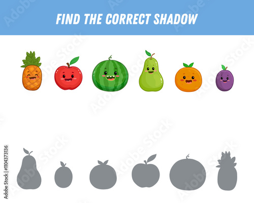 Find correct shadow of fruits. Educational logical game for kids. Cartoon funny fruit. Pear, apple, watermelon, plum, orange, pineapple. Vector