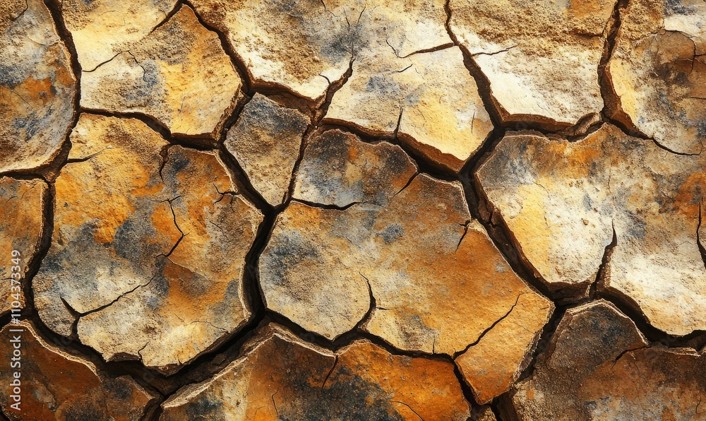 A close-up of cracked, parched earth in warm, earthy tones, highlighting the texture and patterns of dry soil