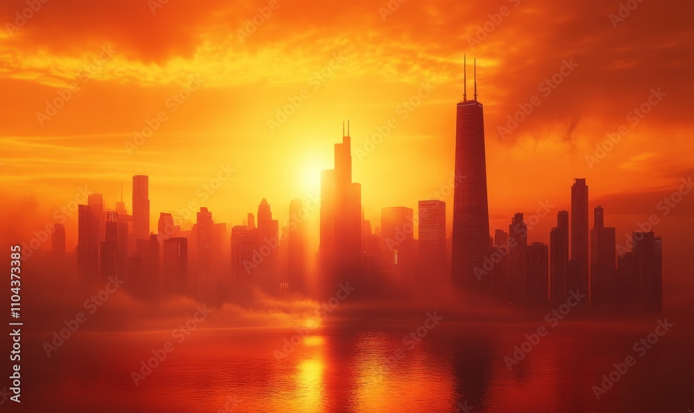 A city skyline with a bright orange sunset in the background A city skyline with a bright orange sunset in the background