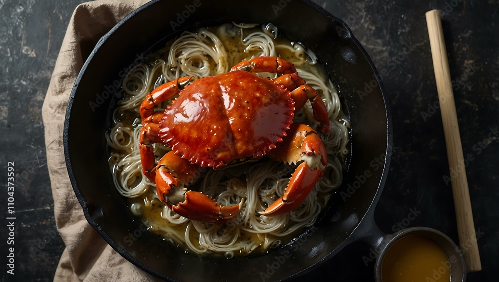 Cast-iron pan with boiled horsehair crab, flatlay shot.