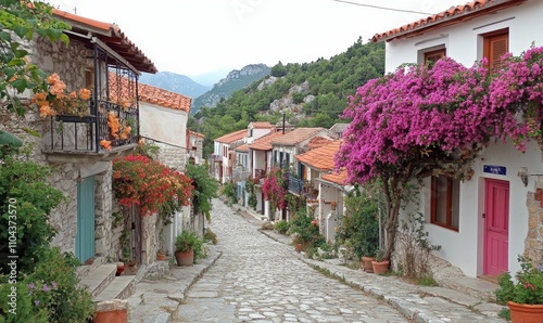 Stone street, colorful houses, flowering plants, hillside village.