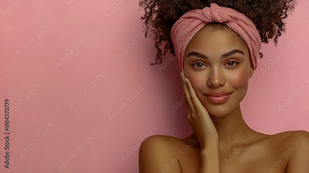 Young african female with curly hair and pink headband smiling against a soft pink background Young african female with curly hair and pink headband smiling against a soft pink background